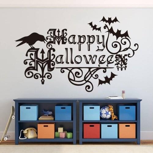 Halloween Wall Stickers, Happy Halloween Letterings Wall Decals Bats Crows Window Home Decoration Decals, Removable Gothic Home