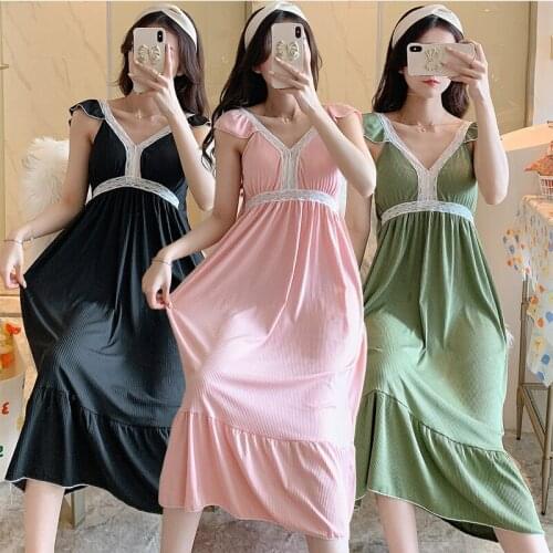 2021 New Summer Sleeveless Sexy Lingerie Lace V-neck Nightgown for Women Loose Long Dress Sleepwear Nightdress Night Gown Nighty