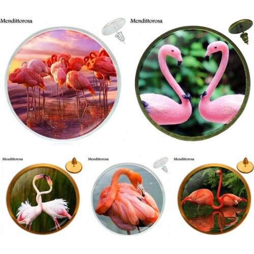 2017 New Arrival Glass Cabochon Bronze/Silver/Golden Clip Ear Hook Stud Earring Jewelry For Women Pink Flamingo Bird