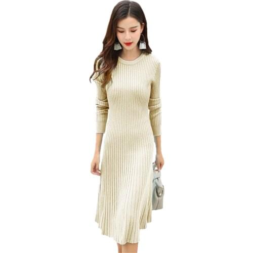 Solid Color Sweater Dresses Striped Knit Slim Korean Women Sweater Elegant Woman Pleated Bodycon Dress Long Sleeve Midi Dress