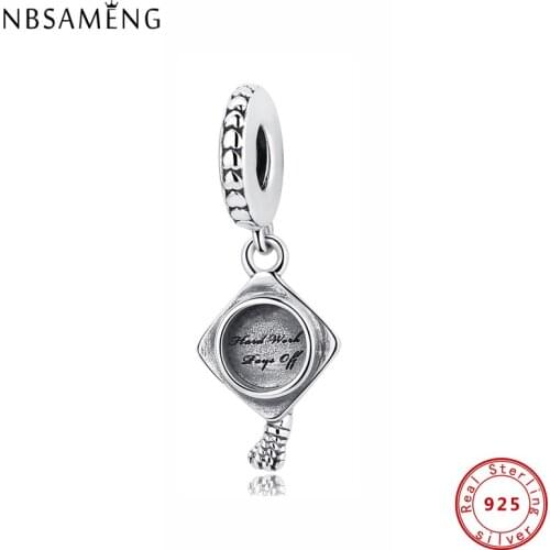 Original 100% 925 Sterling Silver Bead Graduation Mortarboard Hat Pendant Charm Beads Fit Bracelets DIY Jewelry