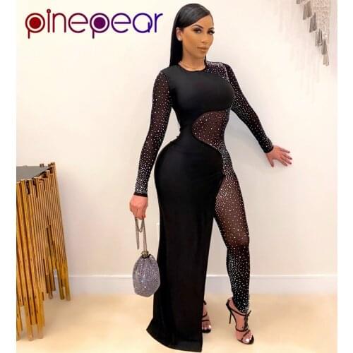 PinePear Sexy Black Bling Sequins Sheer Mesh Patchwork Romper Long Sleeve Skinny Split Dress Elegant Night Club Party Dresses