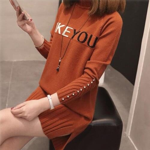 Autumn Winter Mid-length Plus Size Women Knit Pullover Sweater Beaded Half Turtleneck Long Sleeve Warm Knitted Jumper Sweaters