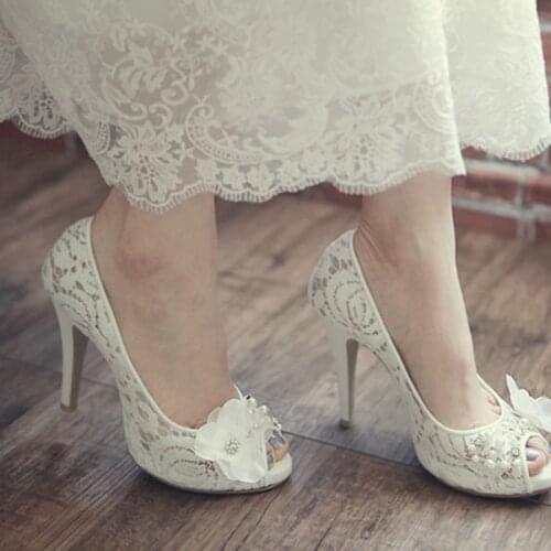 Luxurious White Lace Peep Toe Koren Wedding Shoes Fashion Platform Popular Stiletto Heel Bride Shoes Model Bridal