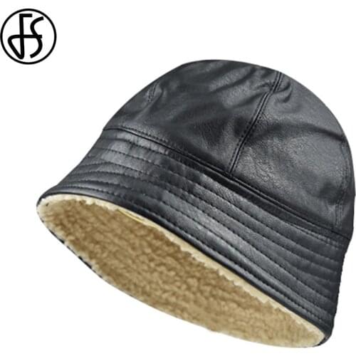 FS Autumn Winter Black PU Beanie Hats For Women Men Streetwear Slouchy Hedging Cap Plus Velvet Bucket Hats Designer Bonnet 2021