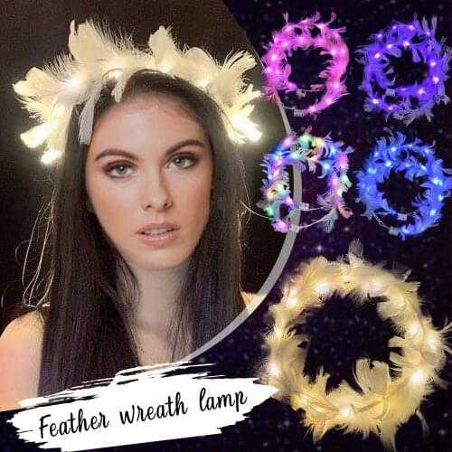 LED White Feather Head Garland Hairband Wreath Ladies Girls Angel Hen Night Fancys Dress Party Glow Headband Battery Include