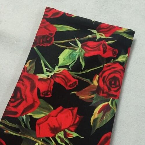 Graceful Digital Printing Big Blooming Red Rose Flower 100% Polyester Elastic Fabric 50x140cm Stretchable Fabric For Cloth Dress