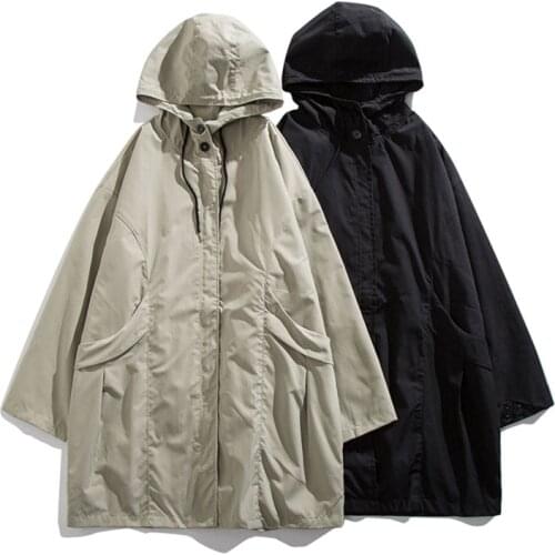 Spring Autumn Medium Long Men Trench Grey Green Black Hooded Jackets Casual All Match Loose Coats M-2XL Zipper Outerwear 2021
