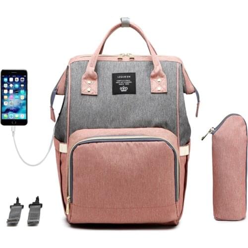 USB LEQUEEN Diaper Bag Milk Bottle (heat preservation) stroller hooks USB cable Mummy Backpack Baby Care Bag Travel Backpack