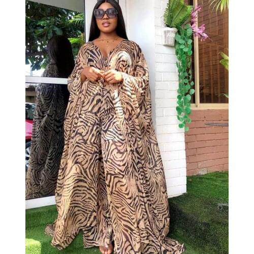 Womens Fashion Classic Design African Clothes Dashiki Print Leopard Chiffon Fabric Long Dress + Trousers Two Piece Set