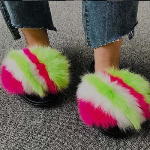 New Women Fur Slippers Faux Fox Fur Slippers Female Indoor Flip Flops Furry Shoes Casual Beach Sandalsn Fakke Fox Hair Sandals