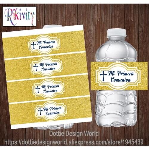 20Pcs Gold Glitter First Holy Communion Water Bottle Wine Labels Waterproof Candy Bar Wrapper Sticker Baptism Party Decoration