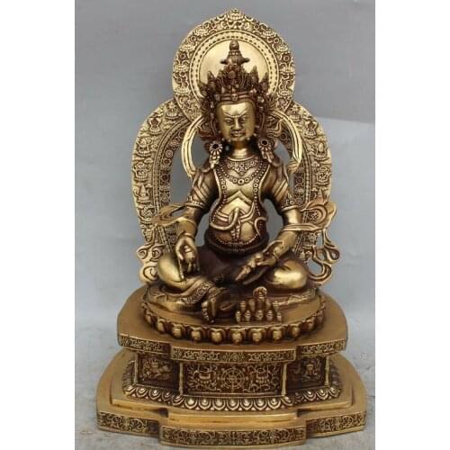 11”China Tibet God Yellow Jambhala Buddha Foo Fu Dog Lion Leo Kylin Mouse Statue