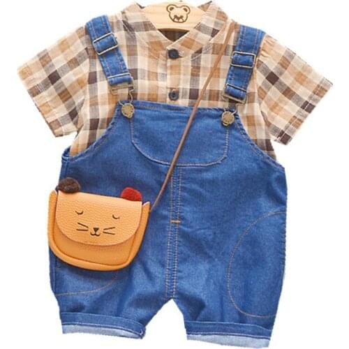 Baby Boy Summer Clothes Children Fashion Plaid T Shirt Bib Pants 2pce/sets Kids Casual Garment Toddler Clothing Child Tracksuit