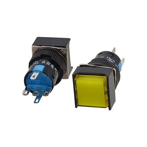 2 Pcs Yellow Square Cap DC 12V Light SPDT 5 Pins Push Button Switch