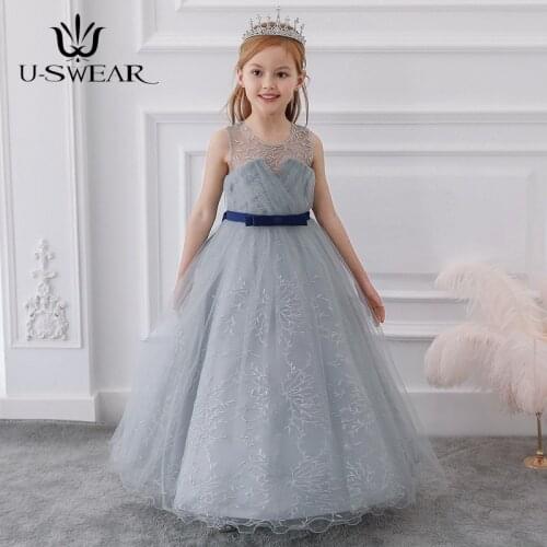 2020 Sweet Kid Flower Girl Dresses Mesh Embroidered Bow Elegant Princess Girls Costume Wedding Party Ball Gown Children Clothing