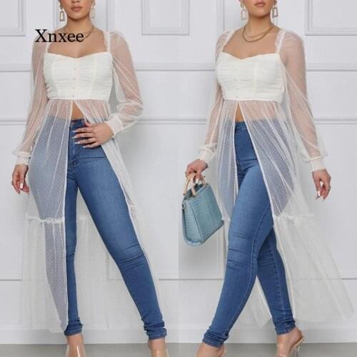 White Mesh Long Hem Shirts Sexy Women Retro Square Collar Tops Blouses Vintage Polka Dots Long Sleeve Clothes Lady Blouse 2021