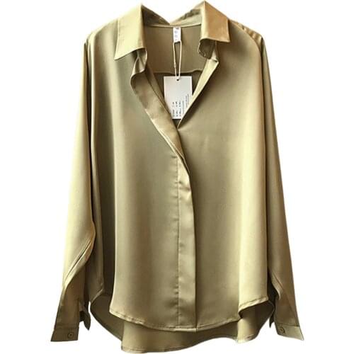 Spring Ladies Temperament Shirt Girls Solid Color Satin Surface Long Sleeve Lapel Loose Blouse Single-breasted Tops