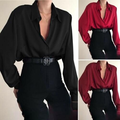 New Fashion Autumn Women Blouse Shirt Lapel Long Sleeve Solid Black Red Ladies Blouse For Women Female Top Clothing