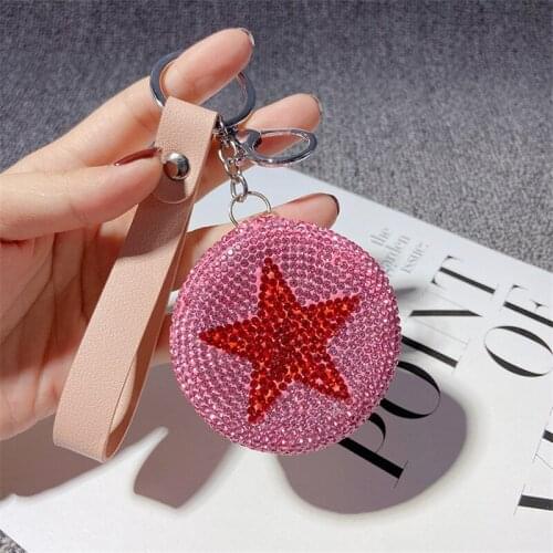 Handmade Crystal Round Portable Makeup Mirror Keychain Women Rhinestone Leather Lanyard Star Bag Charms Pendant Key Ring Holder