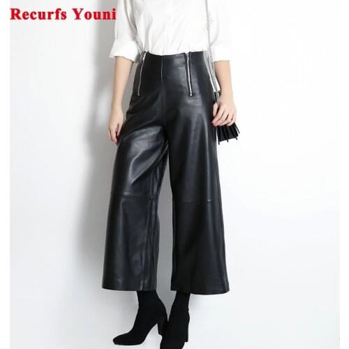Women Genuine Leather Wide-Leg Pants Female 90 CM Length High Waist Personality Zipper Loose Casual Nine Points Trousers Steet
