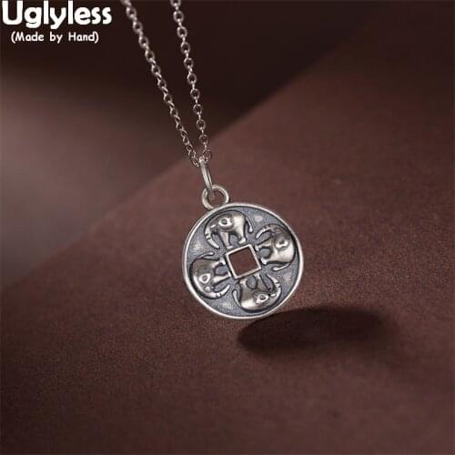 Uglyless 4 Directions Elephants Pendants Necklaces NO Chains Thai Silver Vintage Necklace 925 Silver Animal Jewelry Medal Bijoux