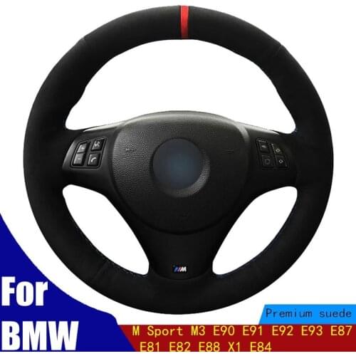 DIY Car Steering Wheel Cover Black Suede Hand-stitched Red Marker For BMW M Sport M3 E90 E91 E92 E93 E87 E81 E82 E88 X1 E84