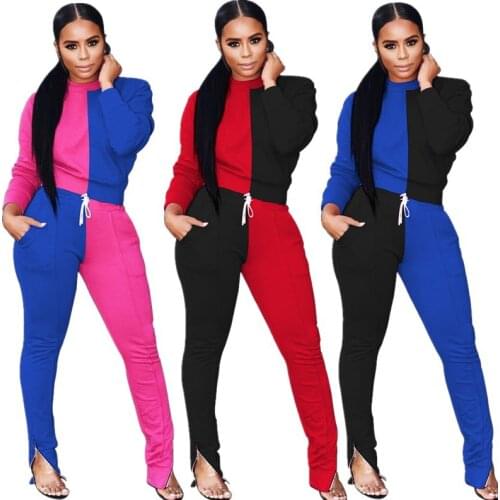 DPSDE 2020 spring women casual street style sets long sleeve round neck top elastic long pants stitching color two piece sets