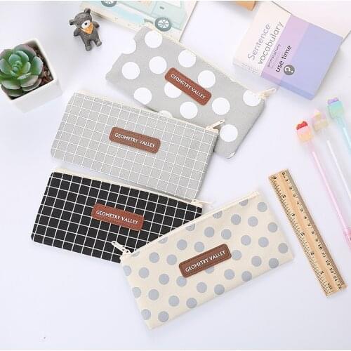 Ellen Brook 1 PCS New Dot Grid Pen Pencil Bag Canvas School Stationary Receive Black Tools Makeup Pouch Cosmetics Case
