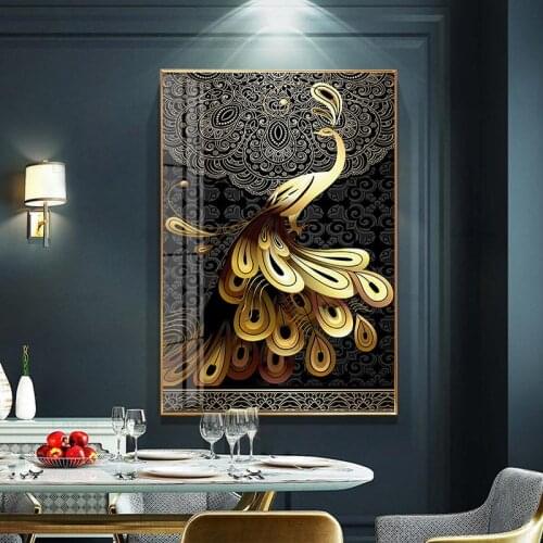 Canvas Painting for Living Room Gold Peacock Wall Art Picture Black Pattern Hd Prints Scandinavian Style Poster Mural Room Decor