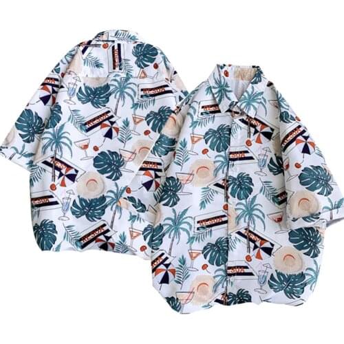 Summer Men Coconut Tree Turndown Collar Half Sleeve Button up Loose Beach Blouse Shirt High Quality Tops