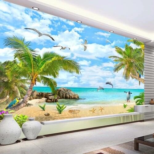Seascape Coconut Tree Sandy Beach 3D Photo Wallpaper For Living Room Bedroom Decor Waterproof Self-adhesive Sticker Wall Mural
