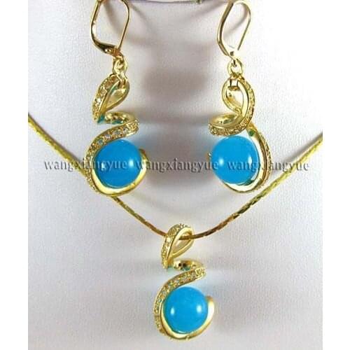 Natural 12mm Blue chalcedony Earrings & Necklace Pendant Set AAA