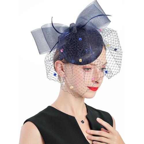New Vintage Veil Hat Women Royal Banquet Wedding Church Fedoras Blue Fascinator Hat Woman Gifts Elegant Kentucky Derby Linen Cap