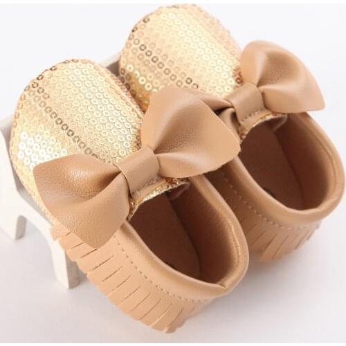 New fashion solid color bow and tassel plus sequins female baby toddler shoes