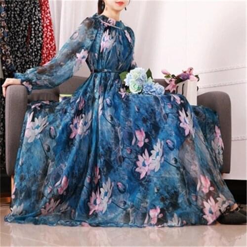 French platter Dress 2019 New Long-Sleeved Loose Dress Floral Chiffon Female Large Size Round Neck Blue Spring Womens Dress W21