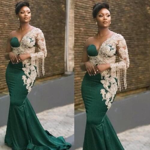SuperKimJo Robe De Soiree One Shoulder Luxury Evening Dresses Long Beaded Lace Applique Elegant Hunter Green Evening Gown
