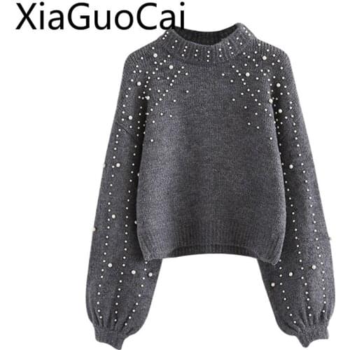 Pearl Fashion Women Sweaters O-neck Lantern Cashmere Sleeve Crop Pullover Beading Spring Thick Sweaters Gray Clothing W9 35