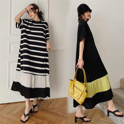 Oversized Womens Short Sleeve T-Shirt Dress Design Artistic Long Summer Pleated Stripe Hit Color Casual Maternity Clothes zh869