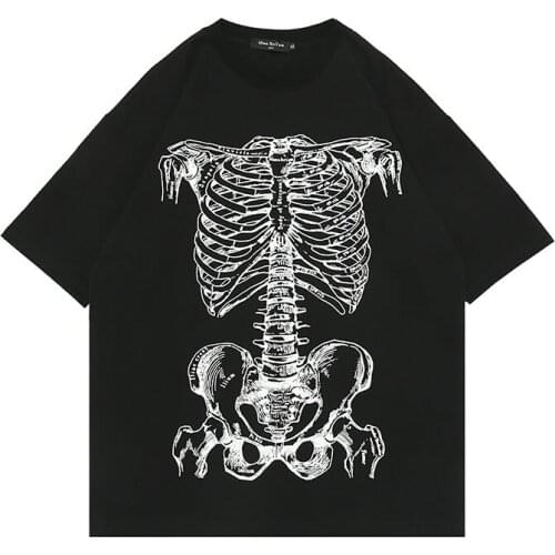 Hip Hop Skeleton Skull Print Oversize Short Sleeve T-shirt Mens And Womens Loose Fit Street Fashion Tops Tees 100% Cotton