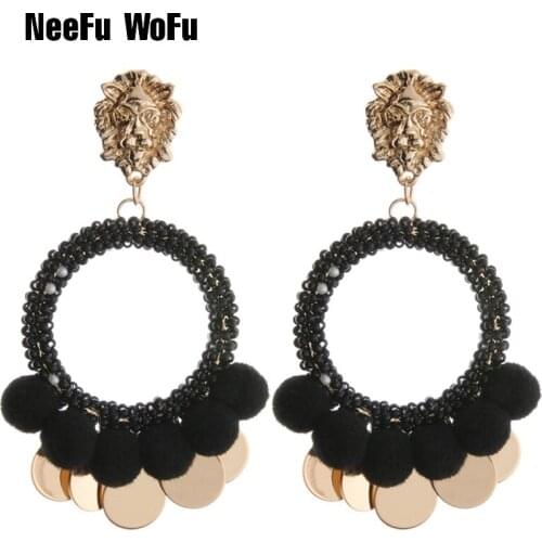 NeeFu WoFu Drop Hairball Earring Rice beads weaving Earring Metal Tassel Charm Big Earring Dangle Large Brinco Ear Oorbellen