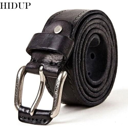 HIDUP Top Quality Design Pure Cowhide Leather Belts Real Cow Skin Black Retro Style Pin Buckle Metal Belt Men Clothing NWJ287