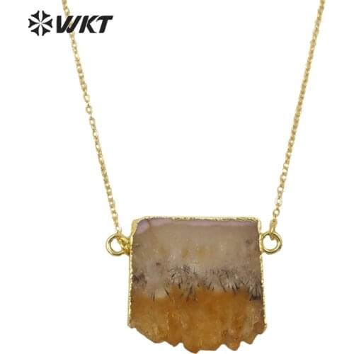 WKT Exclusive ! Natural slice Stone quartz double loops necklace amazing crystal necklace With Brass Gold Eletroplated
