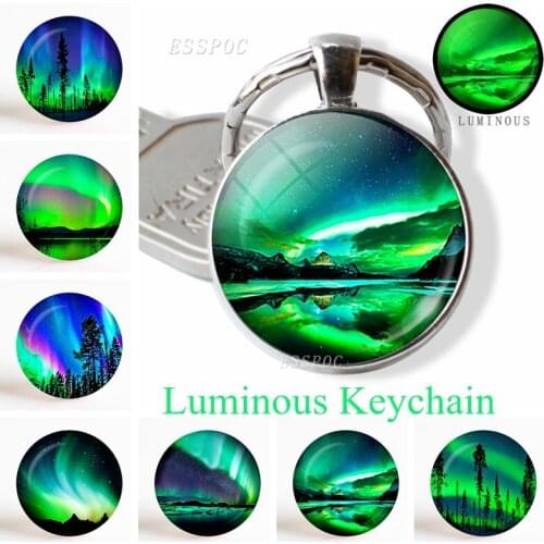 Green Northern Lights Aurora Photo Round Key Chain Luminous Glass Cabochon Jewelry Handmade Pendant Fashion Keychain Gift