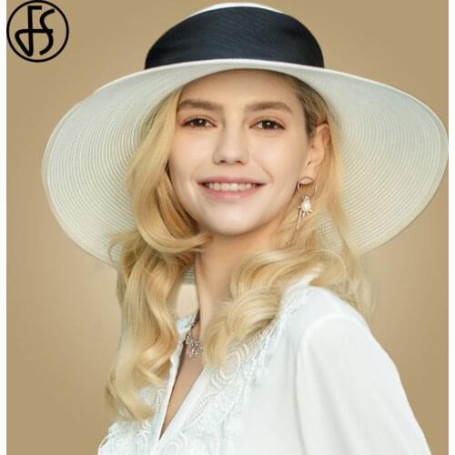 FS 2021 NEW White Black Large Bowknot Wide Brim Summer Hat For Women Straw Hat With Ribbon Sun Hats Beach Gilrs Derby Church Cap
