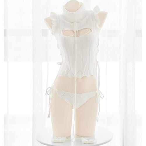 Women Nightgowns Sexy Hollow out Sweater Open Chest Small High Collar Home Wear Sexy Backless Sleep Lounge Night Dress Silk