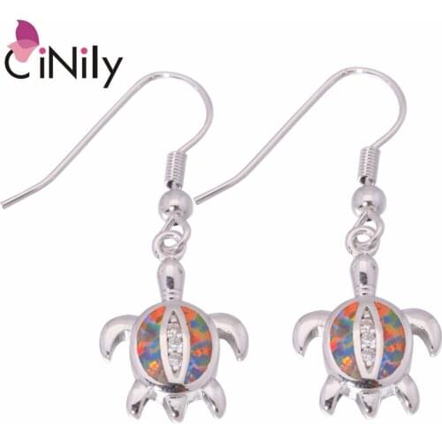CiNily Created Orange Fire Opal Cubic Zirconia Silver Plated Wholesale Tortoise For Women Jewelry Drop Earrings 1 3/8" OH3425