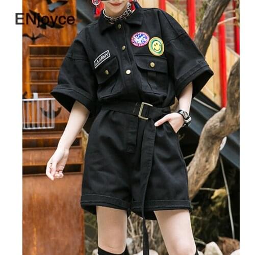 Vintage Black Denim Jumpsuit for Women Fashion Punk Wide Leg Jeans Shorts 2021 High Waist Loose Playsuits Streetwear Summer