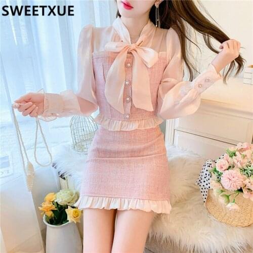 SWEETXUE 2021 Autumn French Style Puff Sleeve Sweet Chic Cute Small Fragrant Tweed Patchwork Chiffon Top+Skirt 2-Piece Set Women