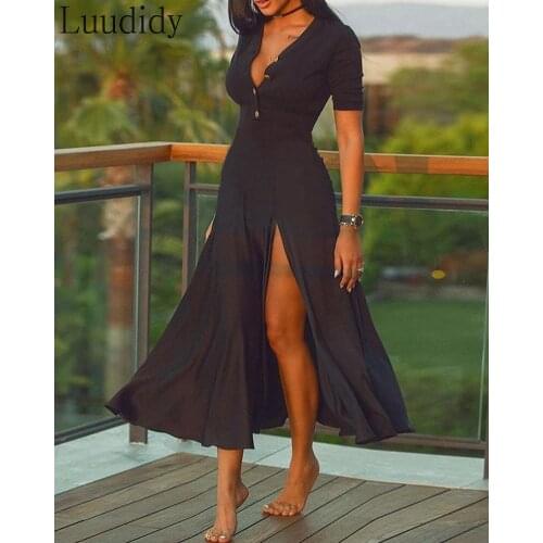 Women V Neck Short Sleeve Plain High Slit Ruched Maxi Dress